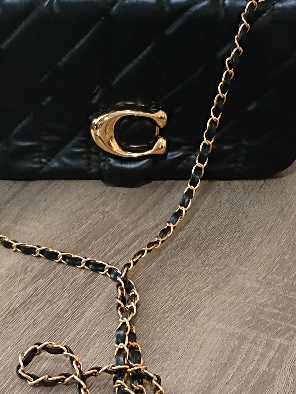 Coach Black Leather Quilted Necklace with Gold Chain Accent